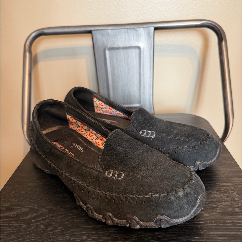Skechers Bikers Slip-On Loafers Black Leather Memory Foam Comfort